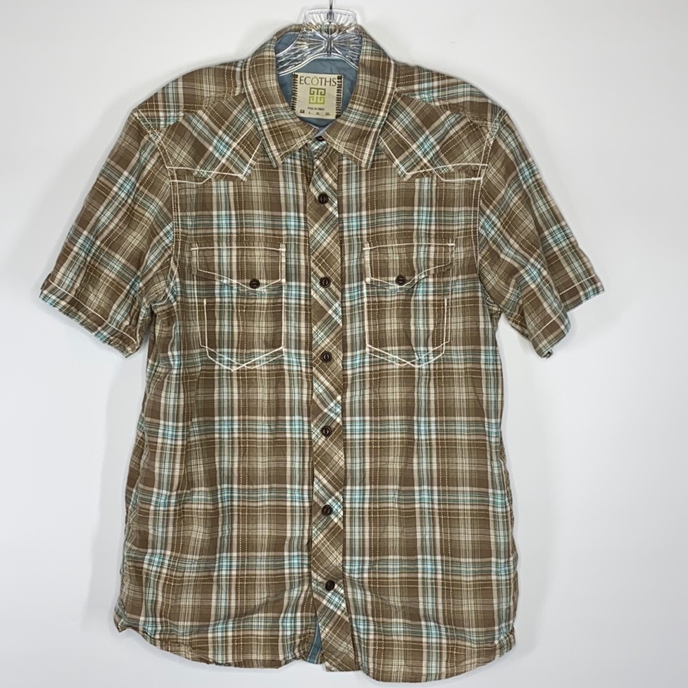 Ecoths Brown Short Sleeve Button Up Shirt Organic Cotton Size Medium